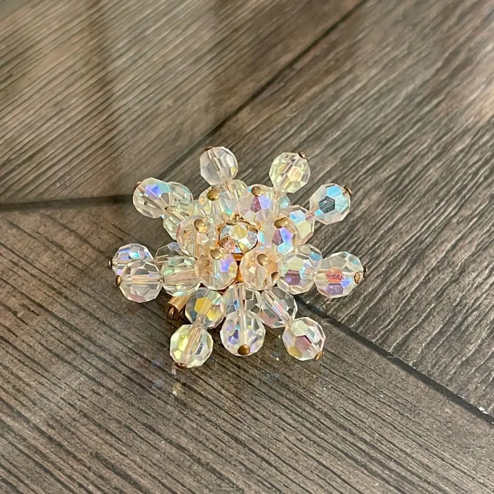 Vintage Aurora Borealis Crystal Bead Cluster Rhinestone Brooch Pin